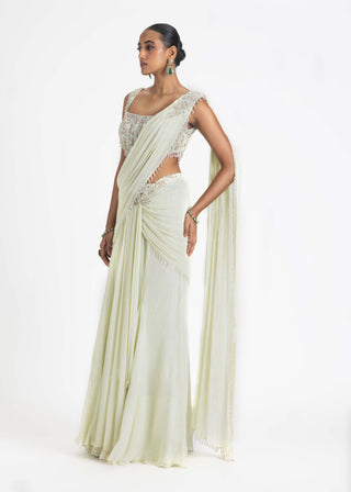 Nitika Gujral-Lime Georgette Draped Sari And Blouse-INDIASPOPUP.COM