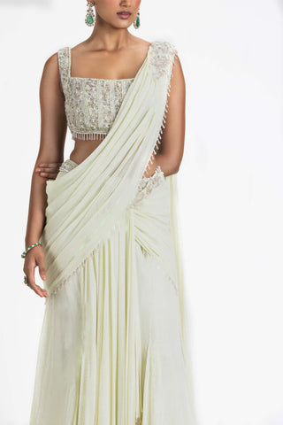 Nitika Gujral-Lime Georgette Draped Sari And Blouse-INDIASPOPUP.COM