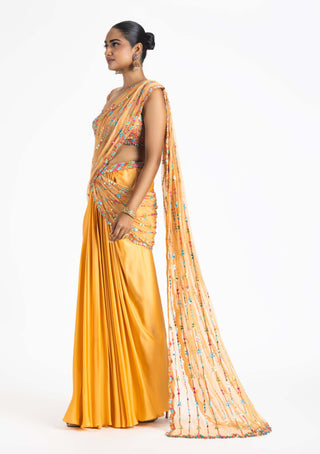 Nitika Gujral-Mango Orange Pre-Draped Sari And Blouse-INDIASPOPUP.COM