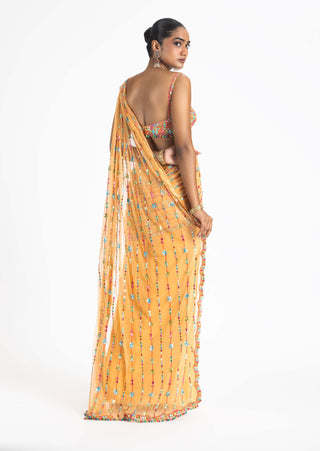 Nitika Gujral-Mango Orange Pre-Draped Sari And Blouse-INDIASPOPUP.COM