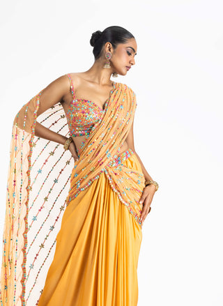 Nitika Gujral-Mango Orange Pre-Draped Sari And Blouse-INDIASPOPUP.COM