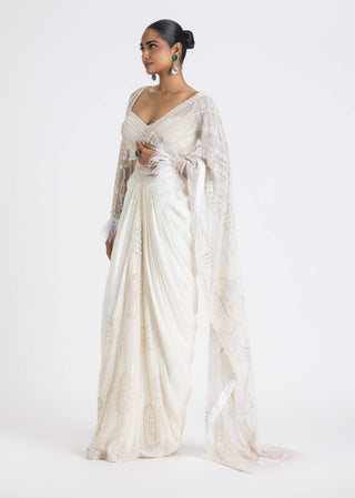 Nitika Gujral-Ivory Satin Pre-Draped Sari And Blouse-INDIASPOPUP.COM