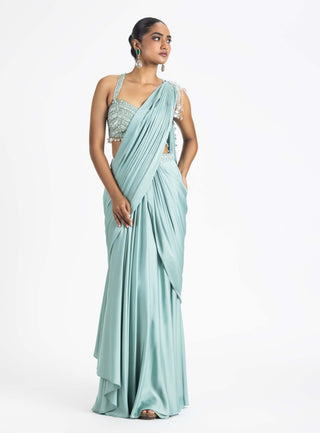 Nitika Gujral-Jade Green Draped Sari And Blouse-INDIASPOPUP.COM