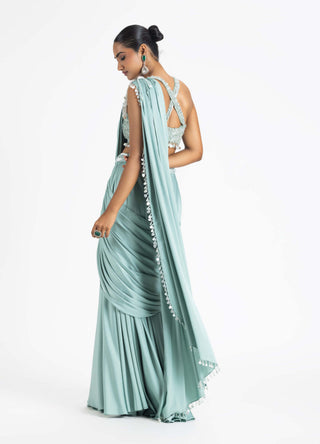 Nitika Gujral-Jade Green Draped Sari And Blouse-INDIASPOPUP.COM