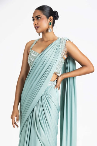 Nitika Gujral-Jade Green Draped Sari And Blouse-INDIASPOPUP.COM