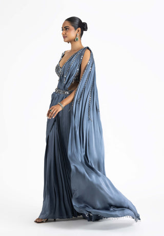 Nitika Gujral-Charcoal Gray Pre-Draped Sari And Blouse-INDIASPOPUP.COM