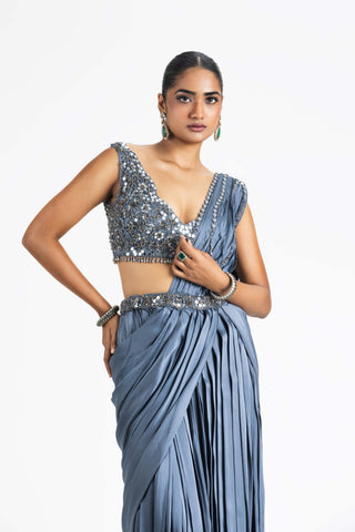 Nitika Gujral-Charcoal Gray Pre-Draped Sari And Blouse-INDIASPOPUP.COM