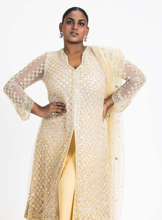 Nitika Gujral-Gold Ombre Net Jacket And Sharara Set-INDIASPOPUP.COM