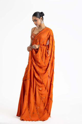 Nitika Gujral-Rust Georgette Draped Sari And Blouse-INDIASPOPUP.COM