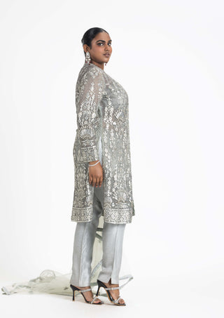 Nitika Gujral-Gray Net Jacket And Dupatta Set-INDIASPOPUP.COM