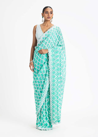 Nitika Gujral-Sea Green Georgette Sari Set-INDIASPOPUP.COM