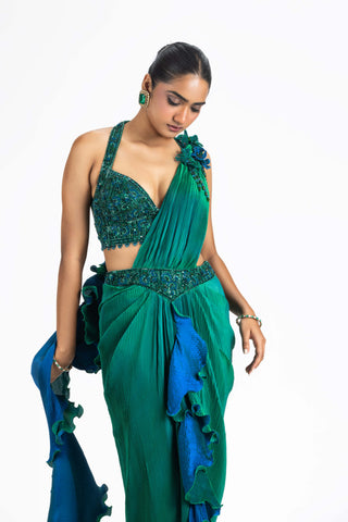 Nitika Gujral-Green Blue Reversible Sari And Blouse-INDIASPOPUP.COM