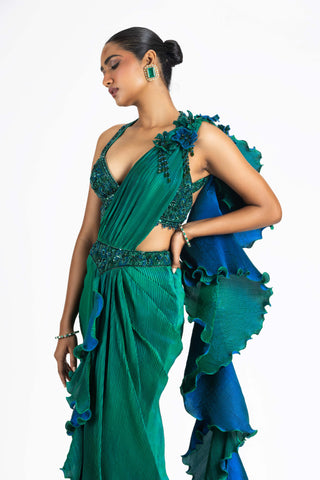 Nitika Gujral-Green Blue Reversible Sari And Blouse-INDIASPOPUP.COM