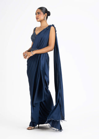 Nitika Gujral-Midnight Blue Draped Sari And Blouse-INDIASPOPUP.COM