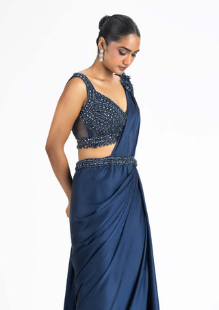 Nitika Gujral-Midnight Blue Draped Sari And Blouse-INDIASPOPUP.COM