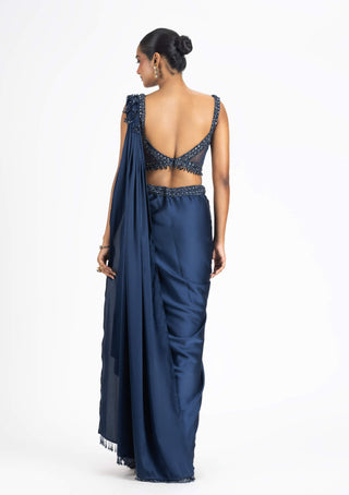 Nitika Gujral-Midnight Blue Draped Sari And Blouse-INDIASPOPUP.COM