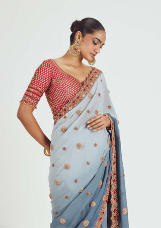 Nitika Gujral-Ombre Dyed Gray Georgette Sari Set-INDIASPOPUP.COM
