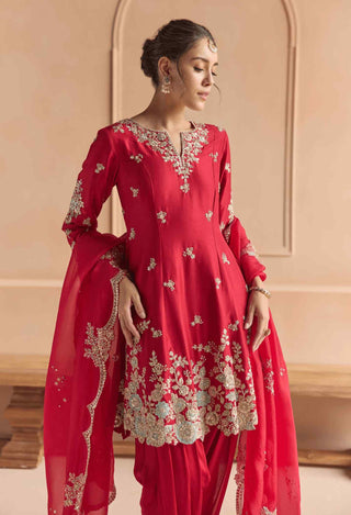 Cherry red embellished kurta set