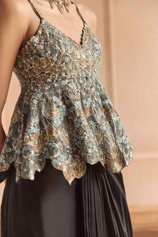 Black embroidered peplum with draped skirt