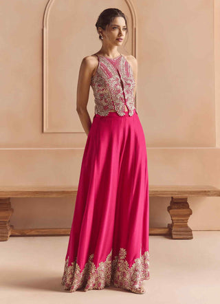 Scarlet embroidered top with flared garara