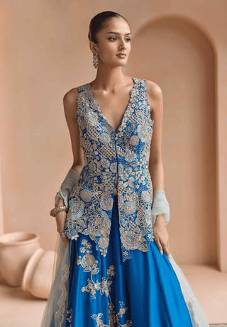 Jade blue embroidered peplum lehenga set