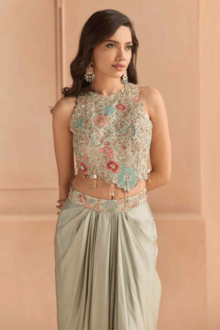 Mist blue embroidered top with skirt