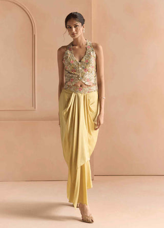 Butter yellow embroidered top with skirt