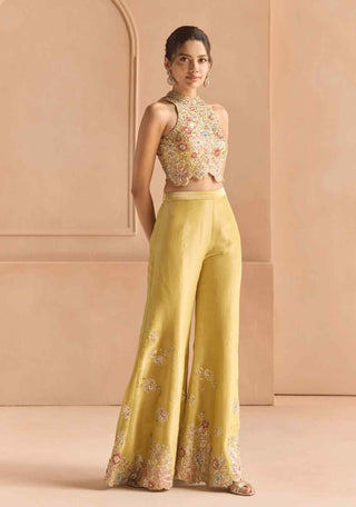 Butter yellow embroidered top with flare pants