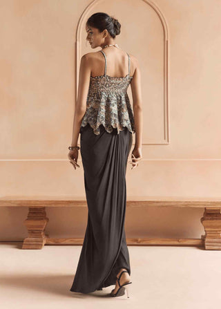 Black embroidered peplum with draped skirt