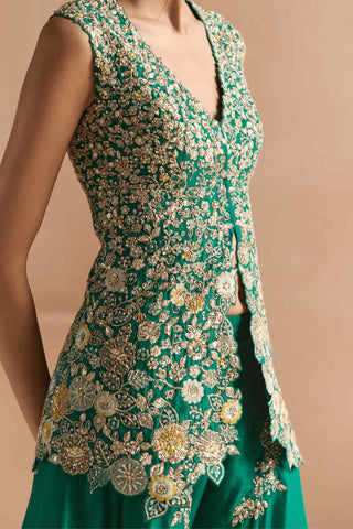 Jewel green embroidered peplum garara set