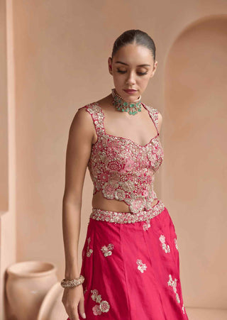 Cut ruby embroidered organza lehenga set