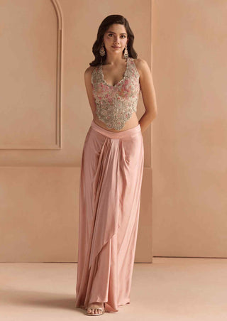 Skin rose embroidered top with skirt