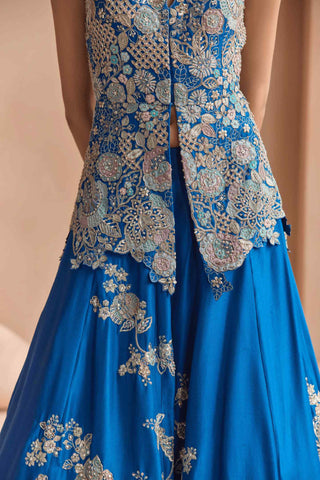Jade blue embroidered peplum lehenga set
