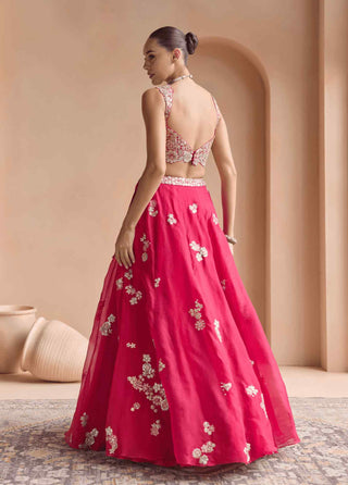 Cut ruby embroidered organza lehenga set