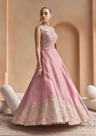 Soft berry embroidered tissue lehenga set