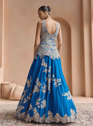 Jade blue embroidered peplum lehenga set