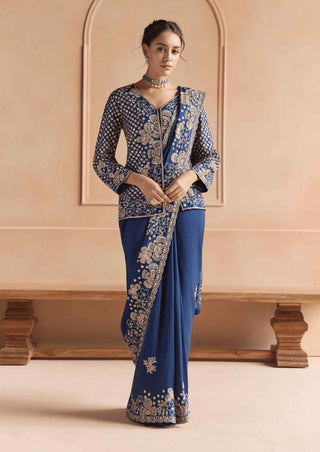 French navy saree set with jacket