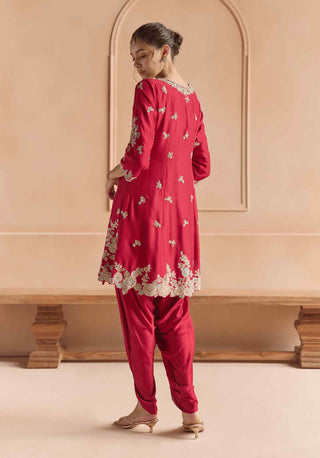 Cherry red embellished kurta set