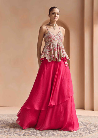 Cut ruby embroidered peplum and skirt set