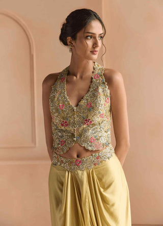 Butter yellow embroidered top with skirt
