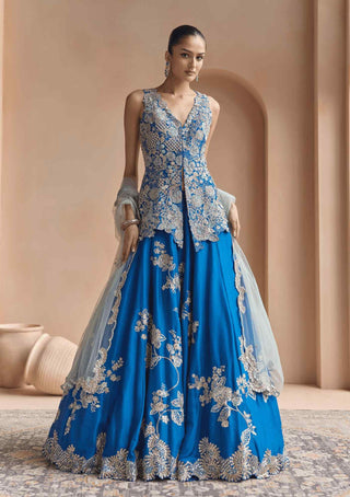 Jade blue embroidered peplum lehenga set