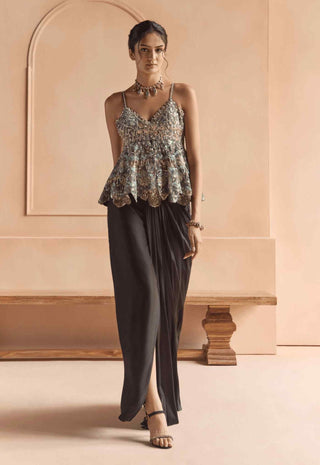 Black embroidered peplum with draped skirt