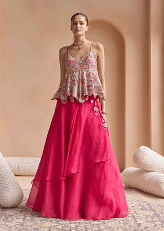 Cut ruby embroidered peplum and skirt set