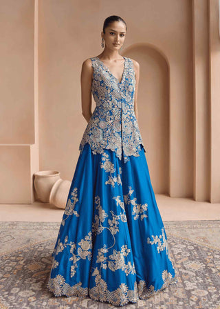 Jade blue embroidered peplum lehenga set