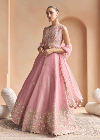 Soft berry embroidered tissue lehenga set