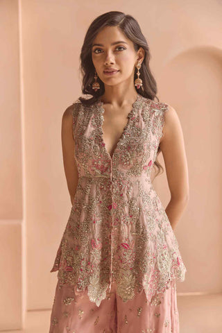 Camellia pink embroidered sharara with jacket