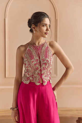 Scarlet embroidered top with flared garara