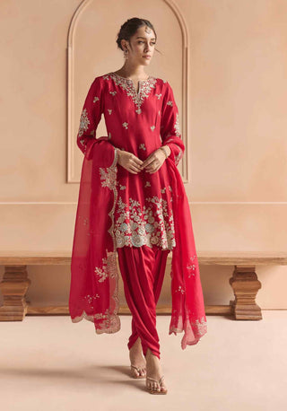 Cherry red embellished kurta set