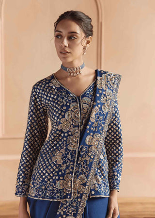 French navy saree set with jacket