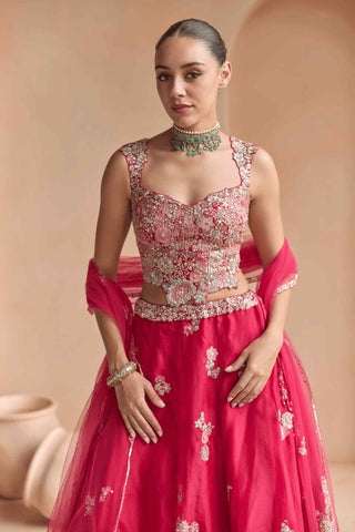 Cut ruby embroidered organza lehenga set